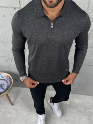 Muški džemper sa zip kragnom – Tamnosiva