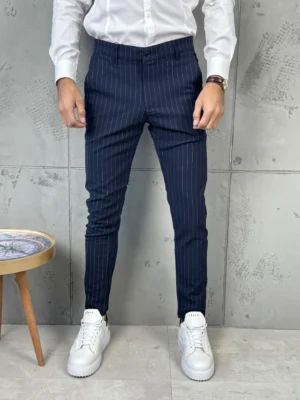 Muške slim fit pantalone na pruge teget